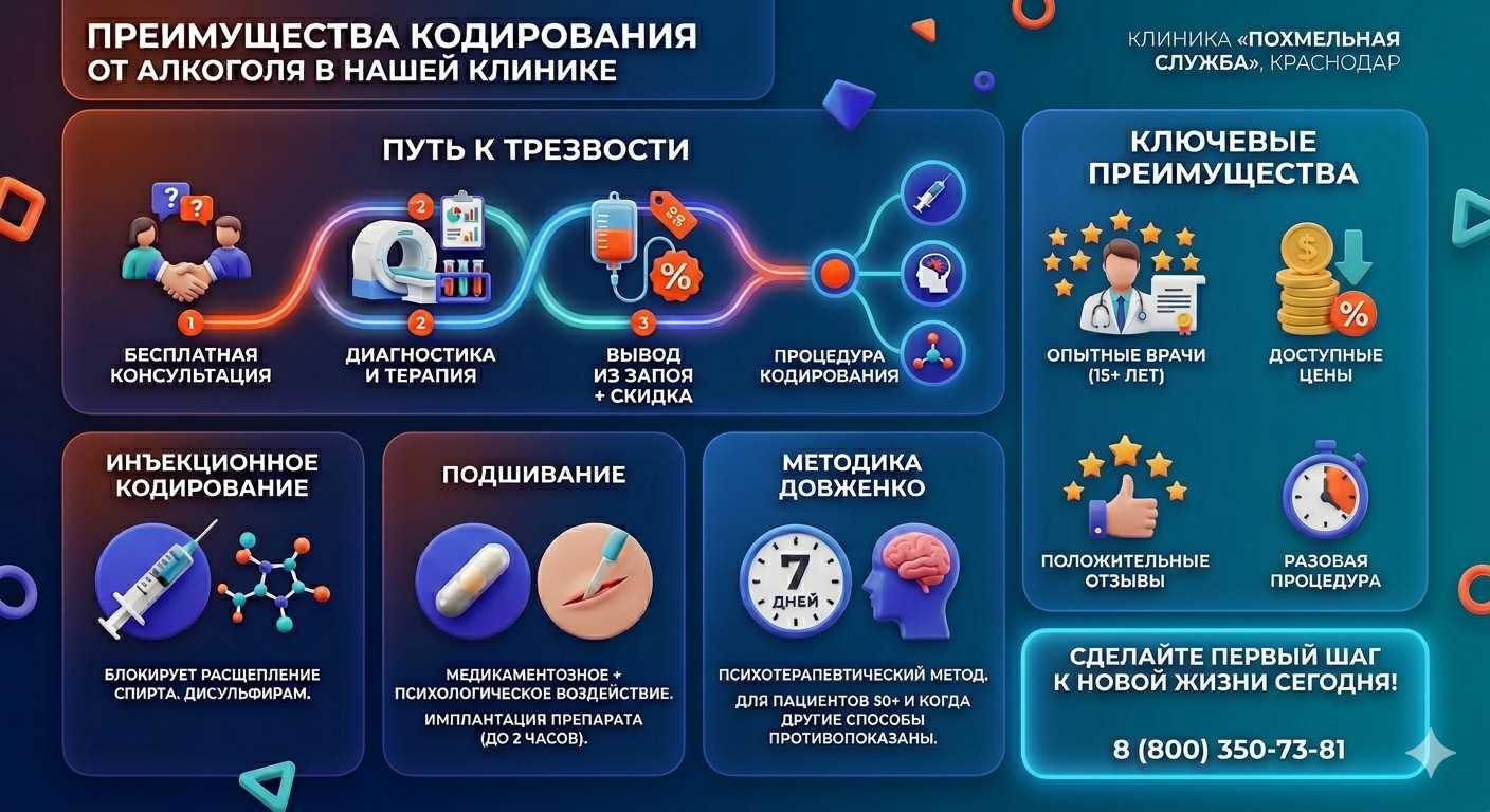 Инфографика о методах кодирования от алкоголя в Выселках: инъекции, подшивание, метод Довженко. Преимущества клиники и этапы лечения.