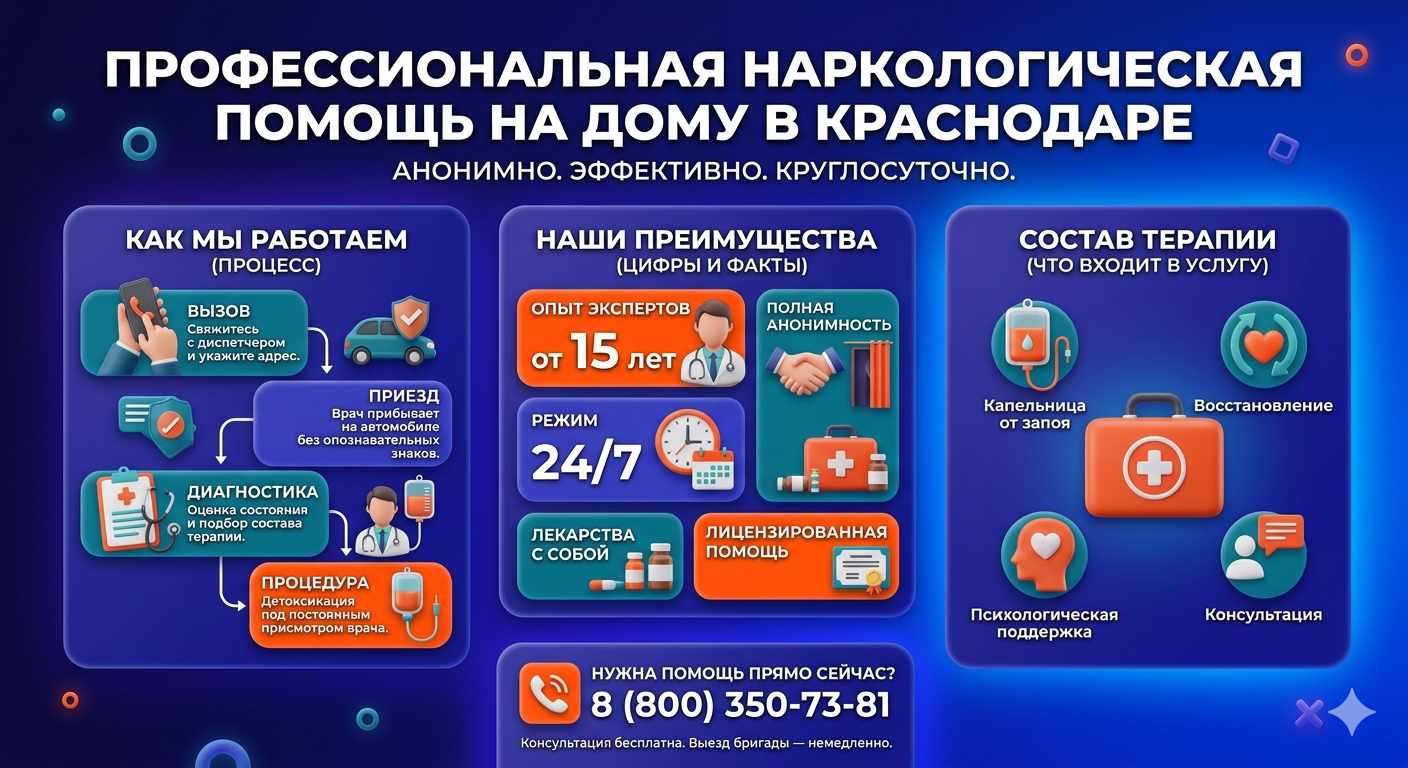 Инфографика о принципах лечения алкоголизма на дому в Выселках: этапы вызова нарколога, преимущества анонимной детоксикации и состав медицинской помощи.
